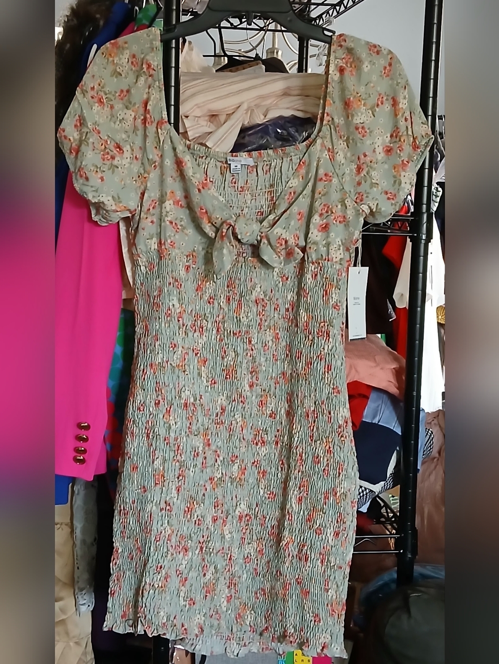 Smocked Floral Mini Dress in Sage Green with Tie Neck